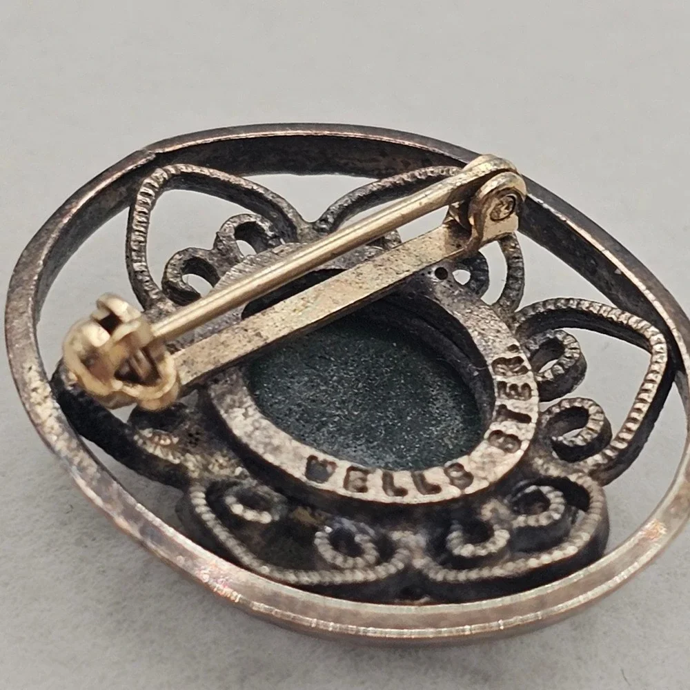 Vintage Filigree Brooch Wells Sterling Green Cabochon Pin